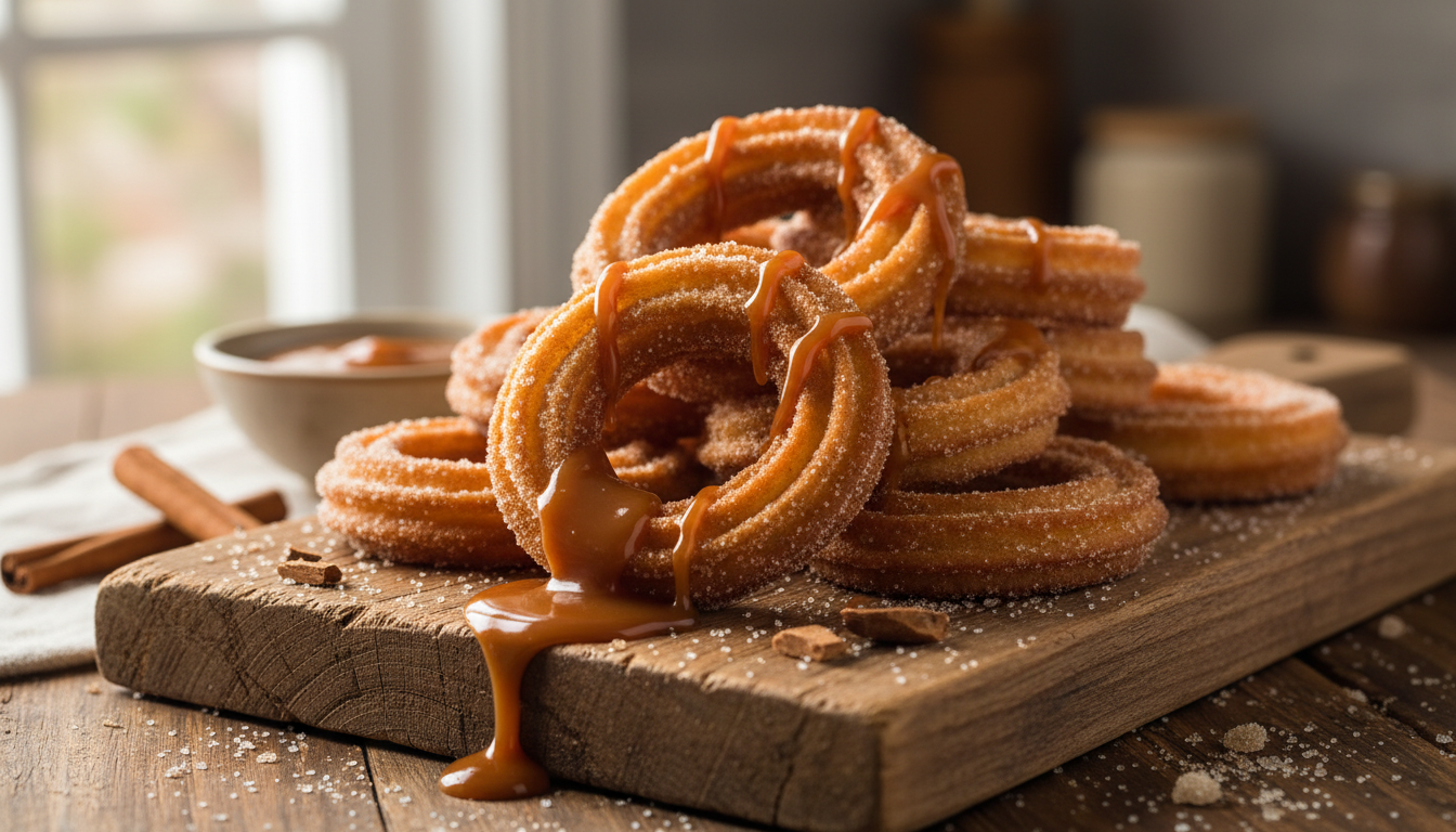 Caramel churros drizzled with caramel sauce on a rustic wooden board