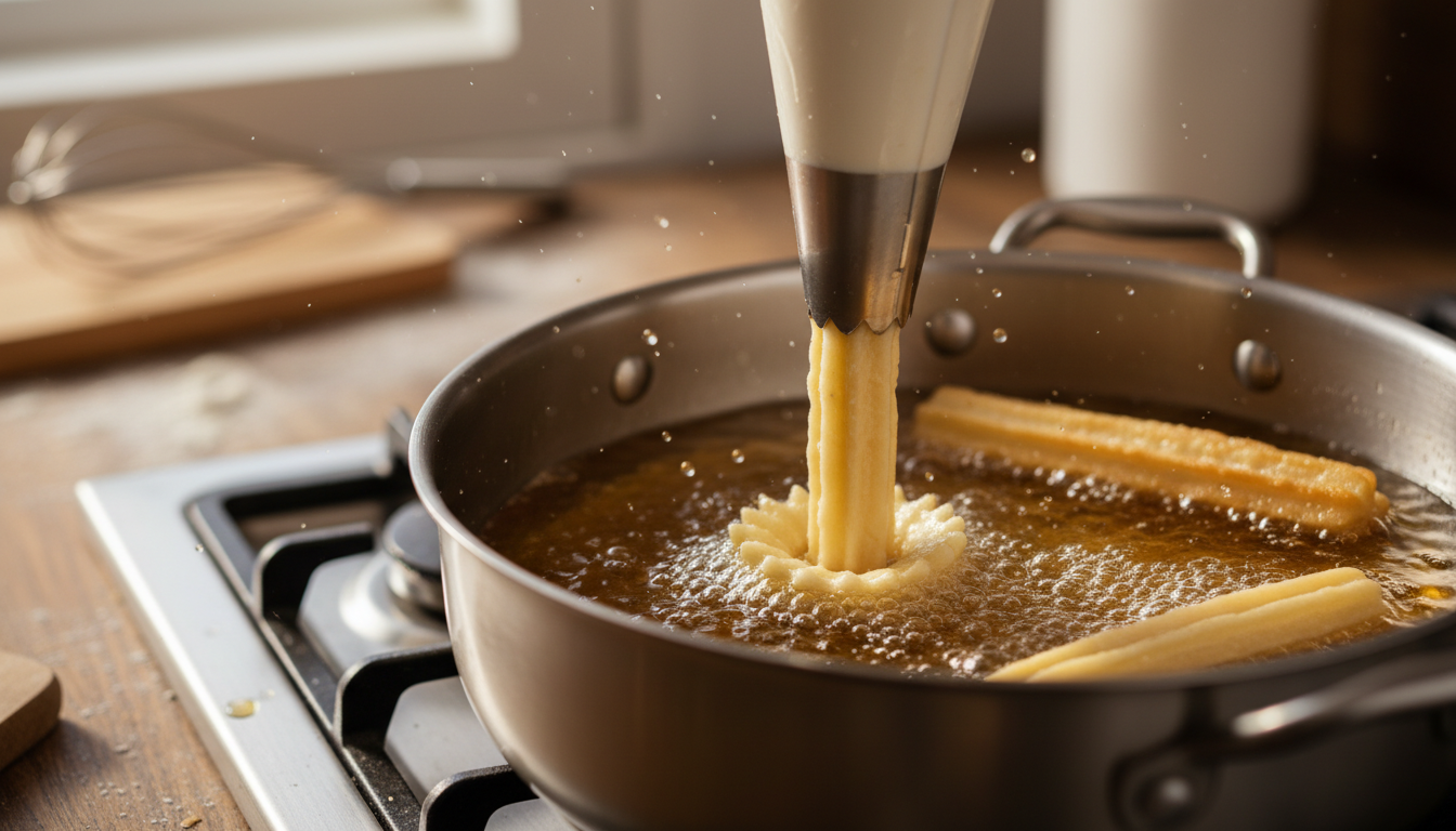 Churro dough being piped into hot oil from a star-tipped pastry bag