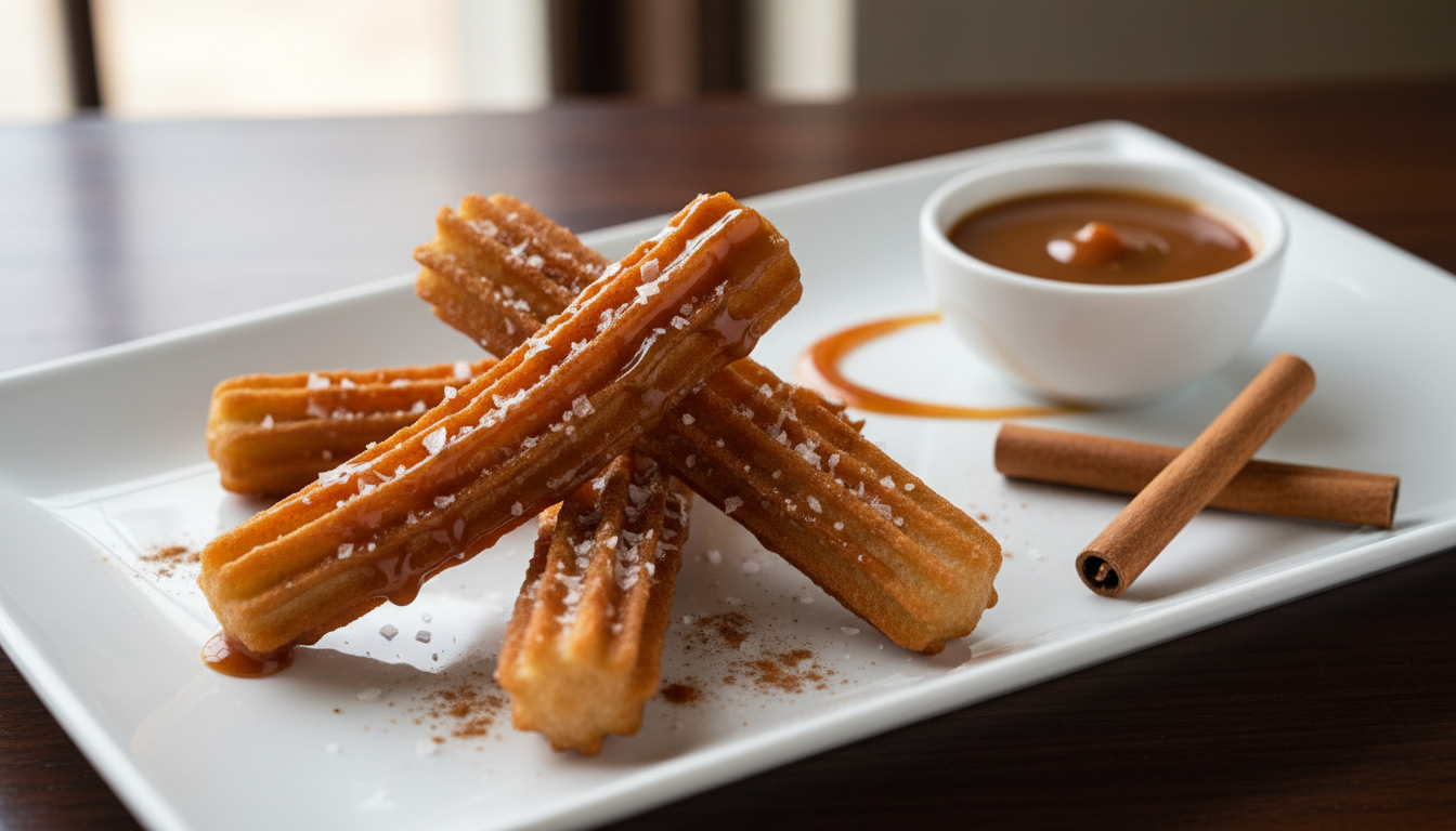Caramel churros served on a white plate with a bowl of caramel dipping sauce