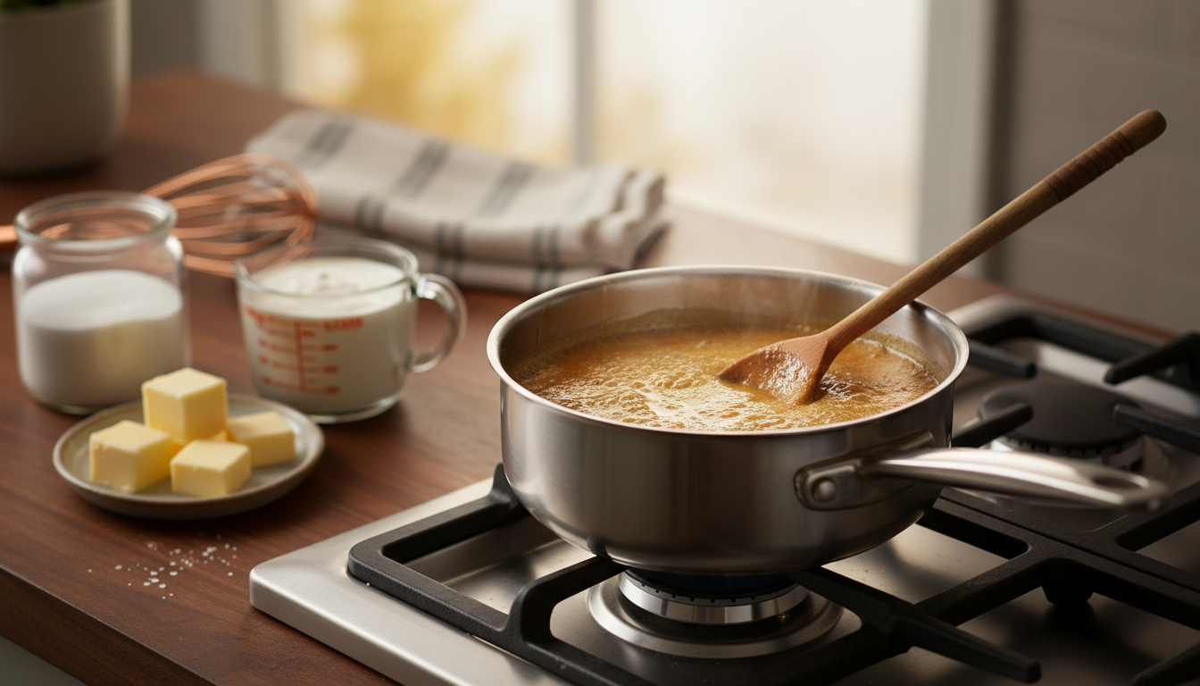 Homemade caramel sauce bubbling in a saucepan on the stovetop