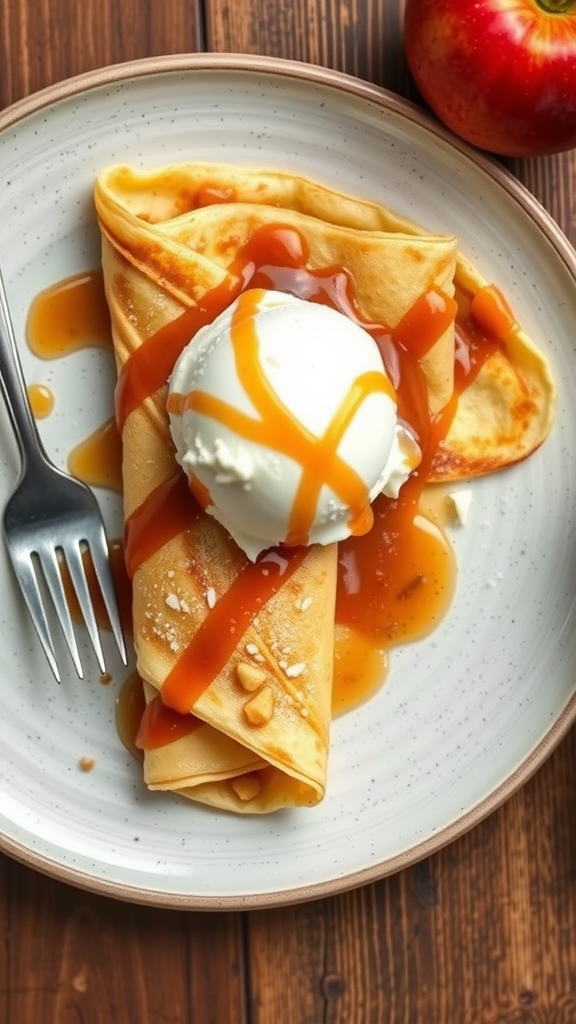 A plate of caramelized apple crepes topped with ice cream and caramel sauce.