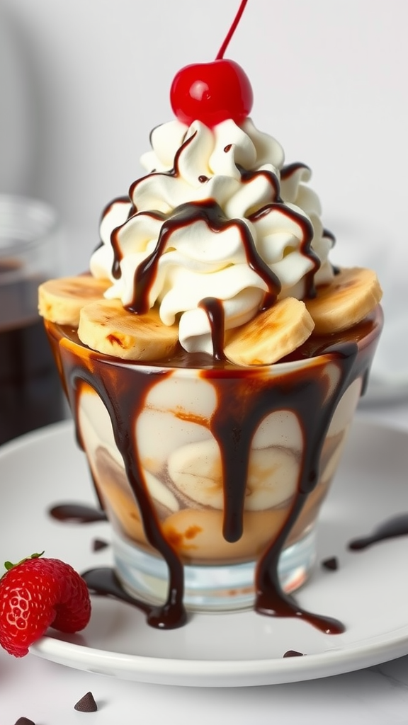 A delicious caramelized banana split topped with chocolate sauce and whipped cream, garnished with a cherry.