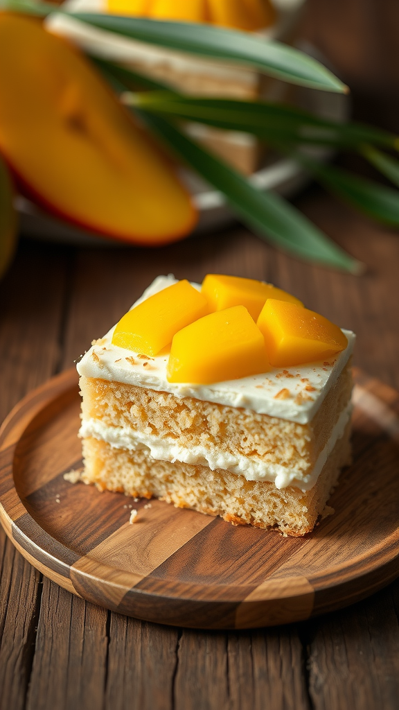 A slice of cassava cake topped with mango pieces on a wooden plate.