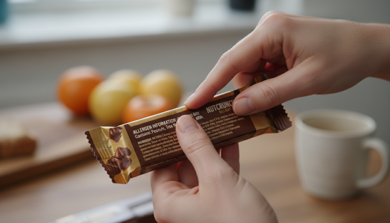 Person checking candy bar allergen label