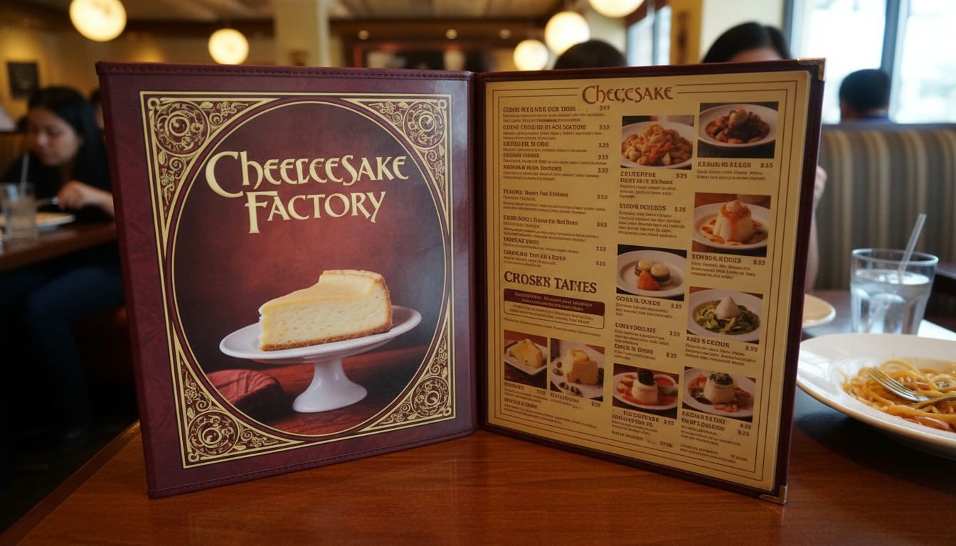 Iconic Cheesecake Factory menu — thick laminated booklet ope