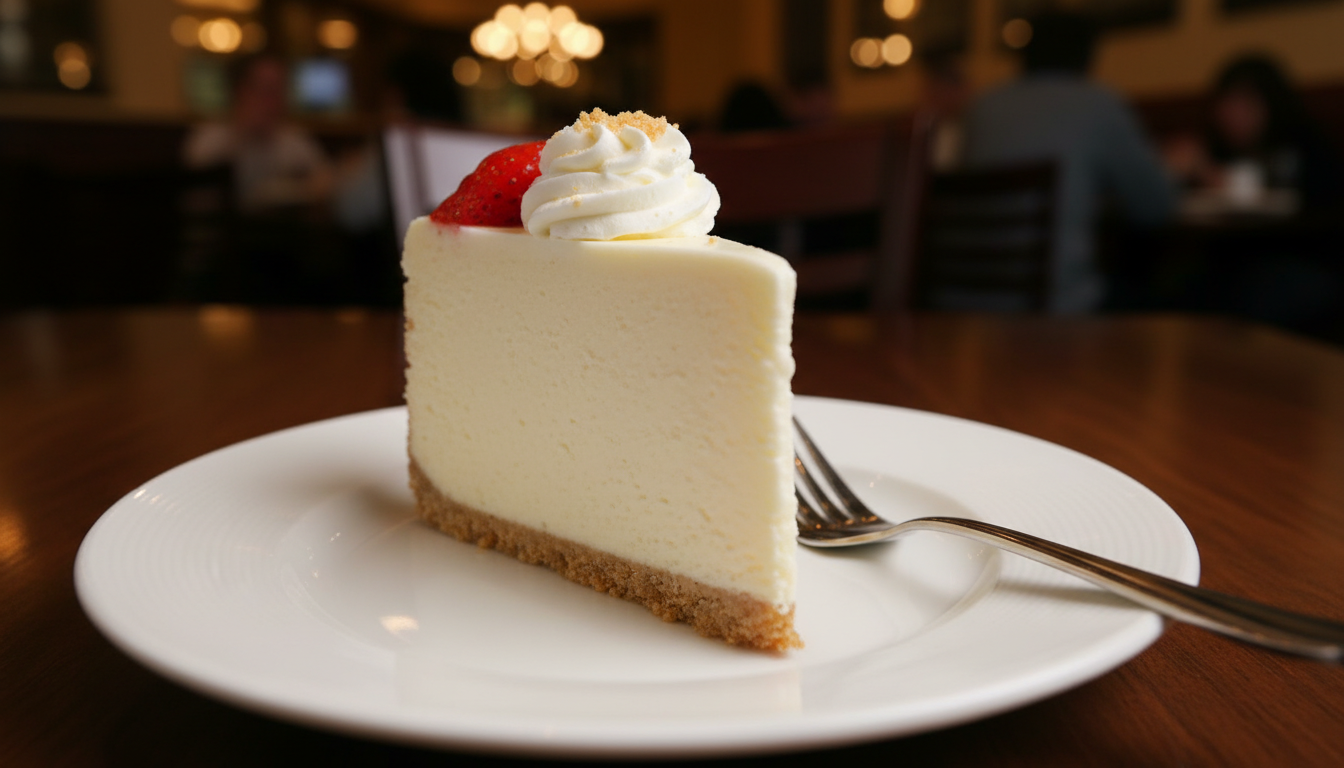 Signature Cheesecake Factory slice — tall creamy filling wit