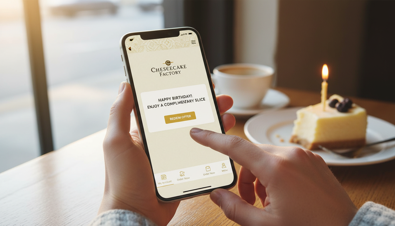 Cheesecake Factory Rewards app on phone screen showing birth