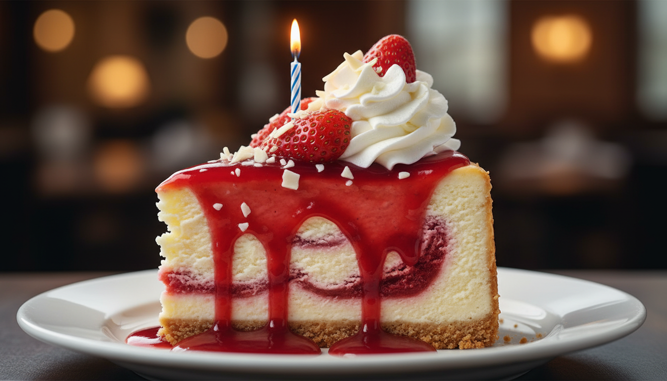 Close-up of Cheesecake Factory birthday slice topped with st