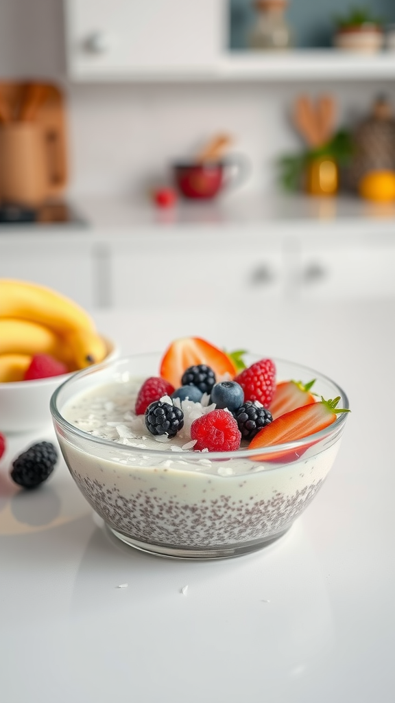 Chia seed pudding topped with fresh berries and coconut