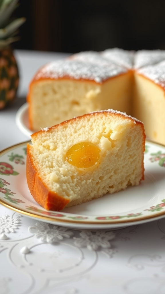 A slice of Chinese Pineapple Cake with a fluffy texture and pineapple filling, garnished with icing sugar.