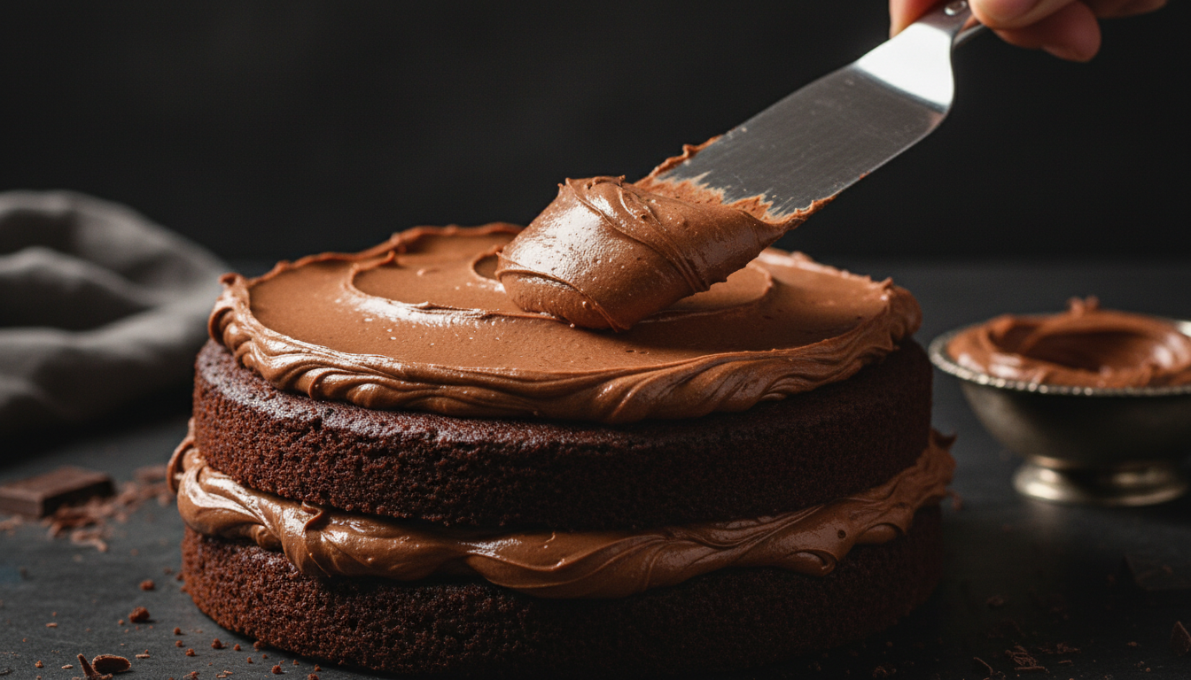 Spreading smooth chocolate buttercream frosting between two chocolate cake layers with an offset spatula