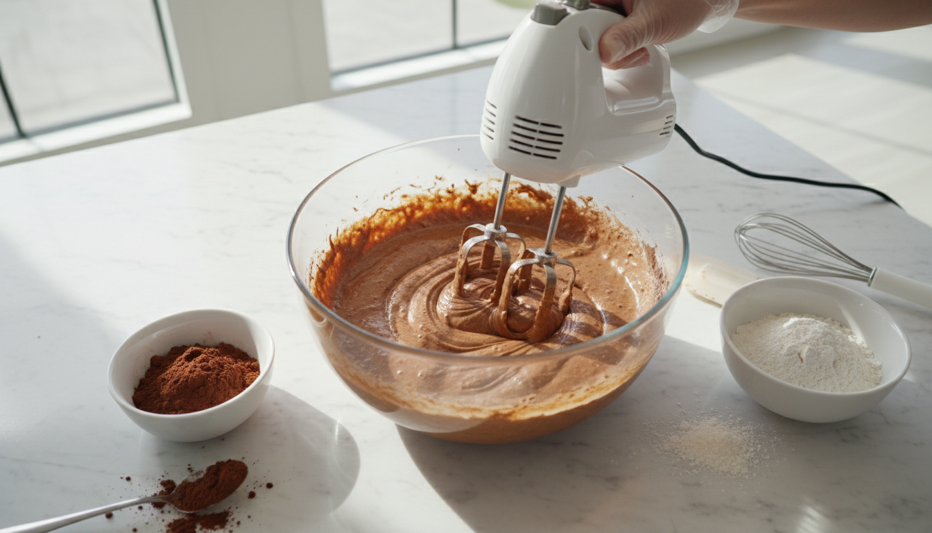 Chocolate cake batter being mixed with a hand mixer in a large bowl