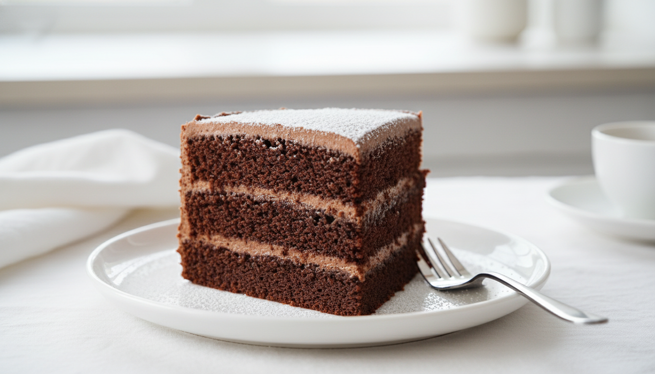 A slice of fluffy chocolate layer cake on a white plate, showing moist layers and chocolate buttercream