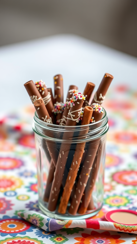 Jar filled with chocolate-covered pretzel rods decorated with sprinkles