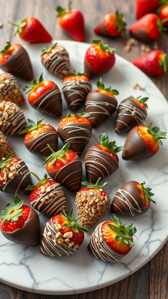 A plate of chocolate-dipped strawberries with various toppings.