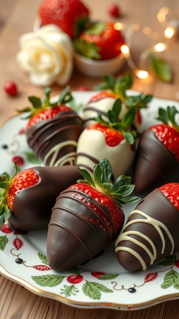 A plate of beautifully decorated chocolate-dipped strawberries with a floral accent.