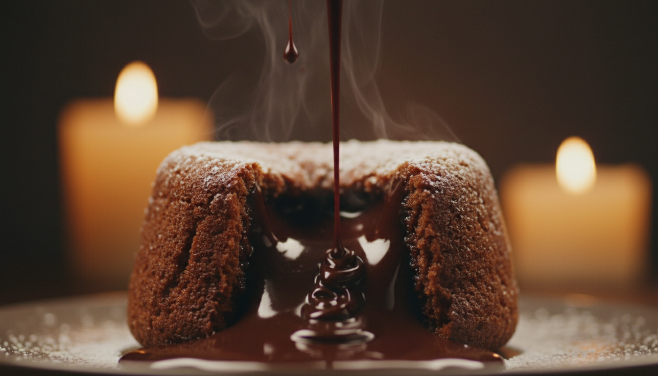 Molten chocolate center flowing from a lava cake