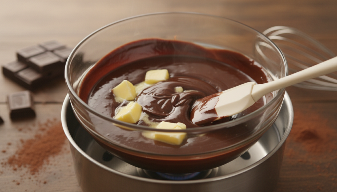 High-quality dark chocolate and butter being melted together