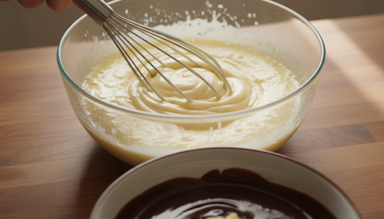 Eggs and sugar being whisked to pale color before folding in