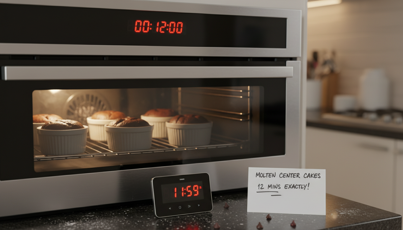 Timer and oven showing 12 minutes bake time — precision timi