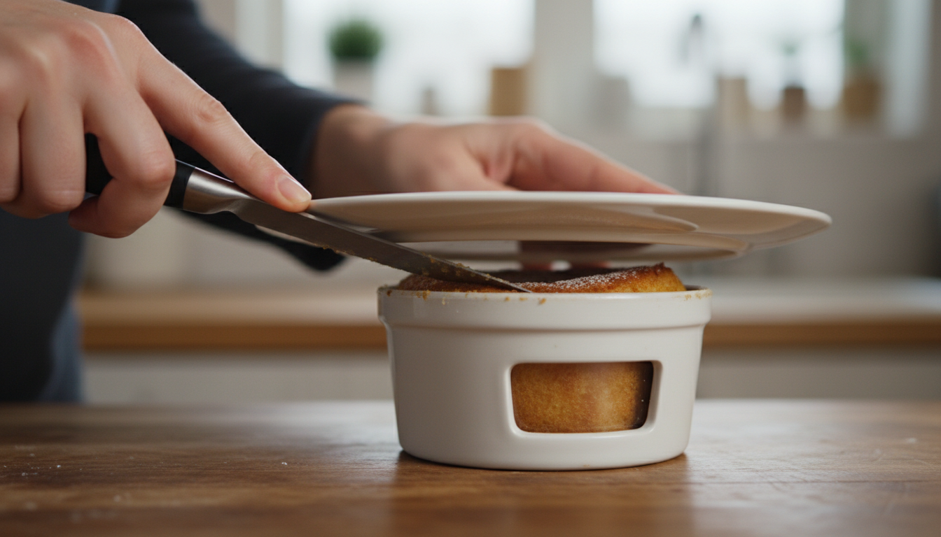 Knife running around edge of ramekin to loosen, plate being 