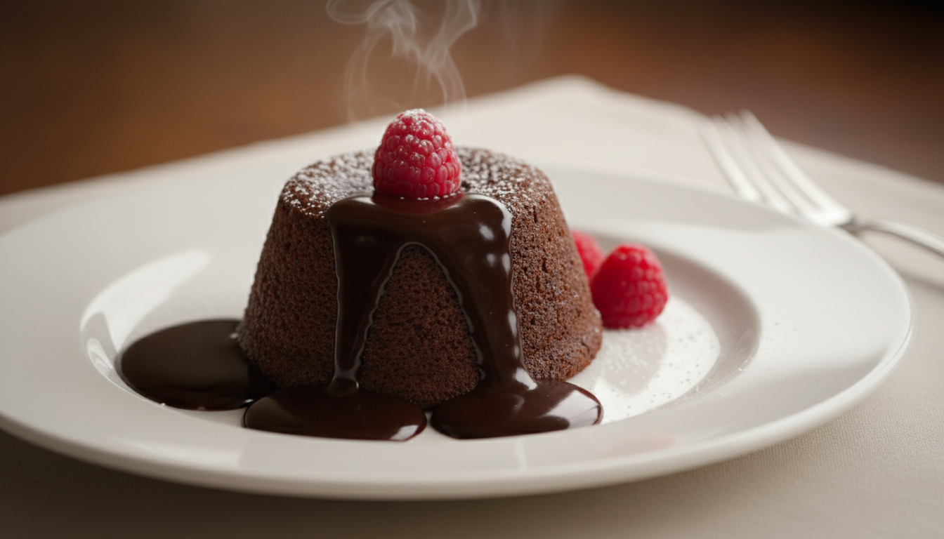 Flipped lava cake on plate showing perfect dome shape, choco