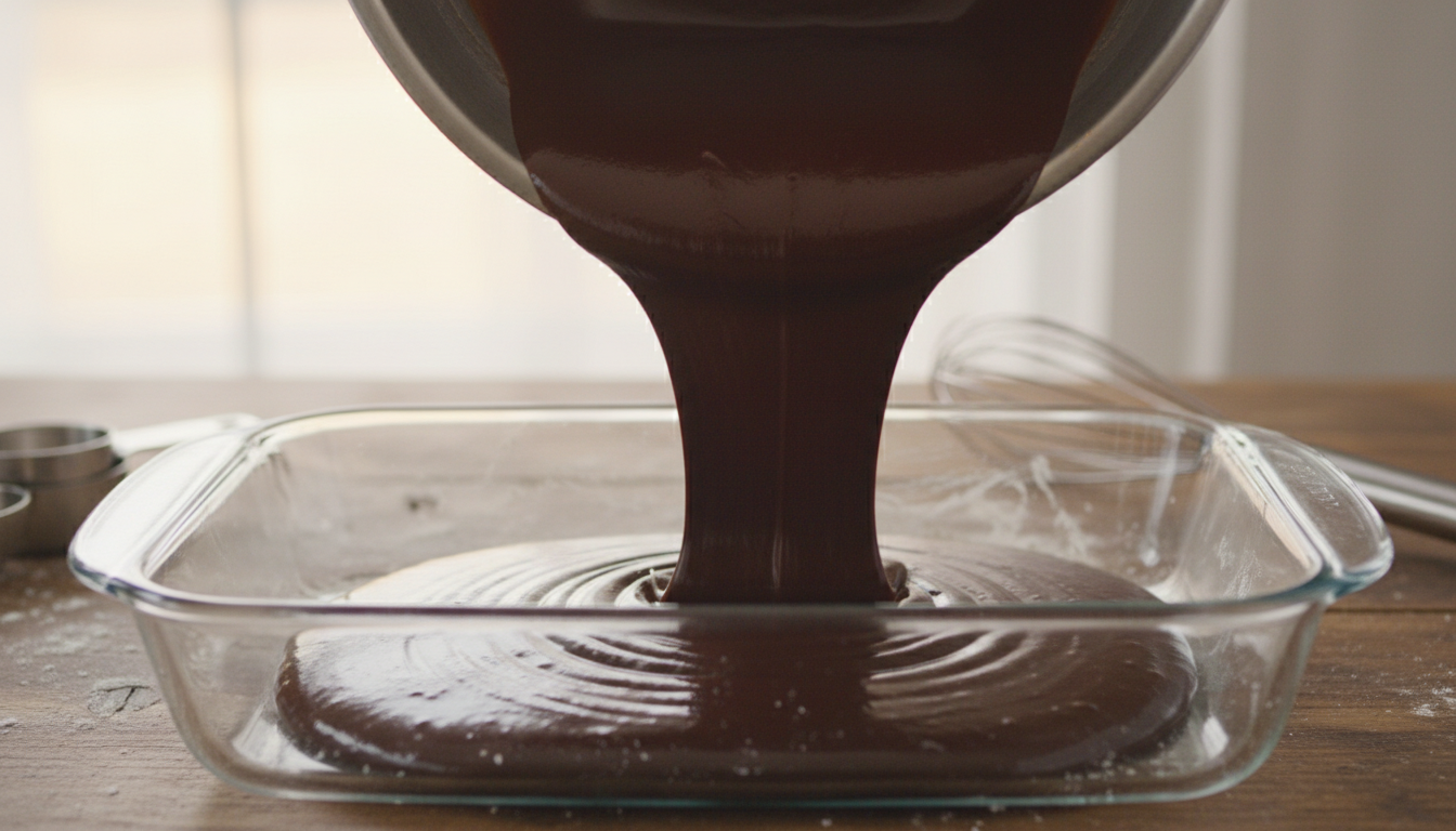 Chocolate sheet cake batter being poured into a greased 9x13 rectangular baking pan