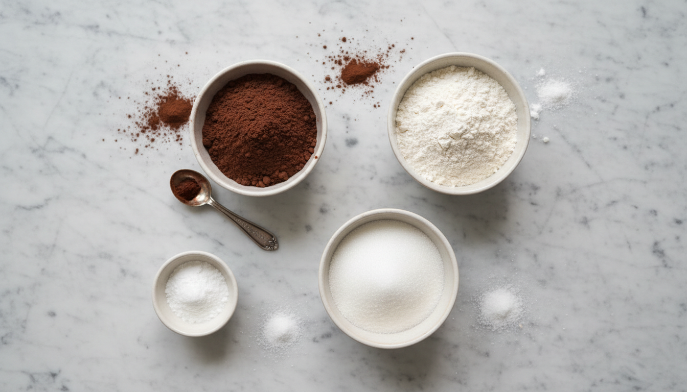 Dry ingredients for chocolate sheet cake including cocoa powder, flour, sugar, and baking soda arranged in small bowls on a marble countertop