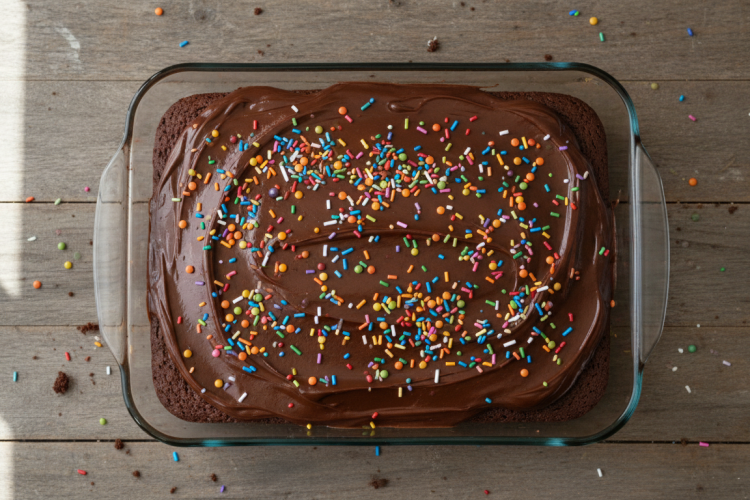 Chocolate sheet cake with chocolate frosting and sprinkles in a 9x13 pan