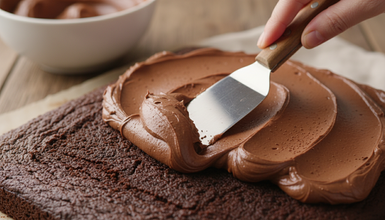 Spreading chocolate buttercream frosting over a chocolate sheet cake with an offset spatula