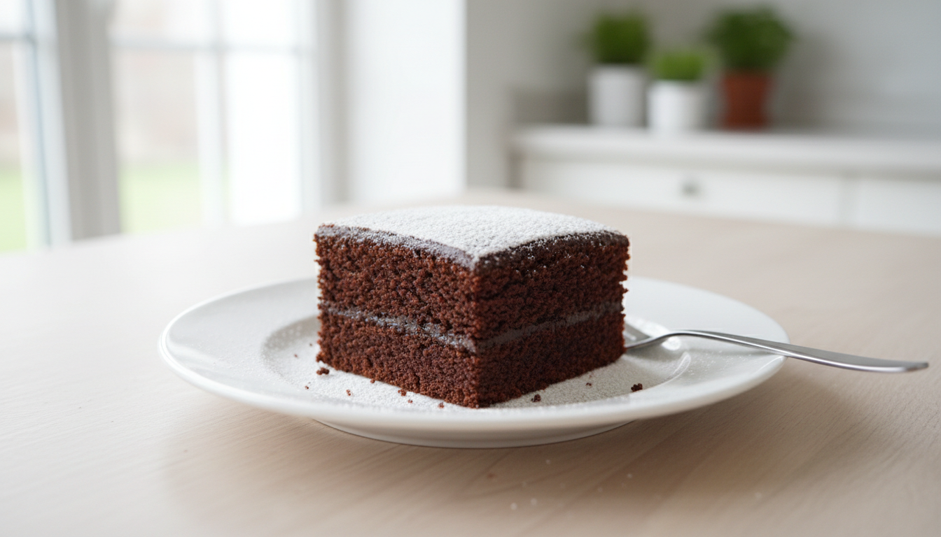 A square slice of moist chocolate sheet cake on a white plate with a fork beside it