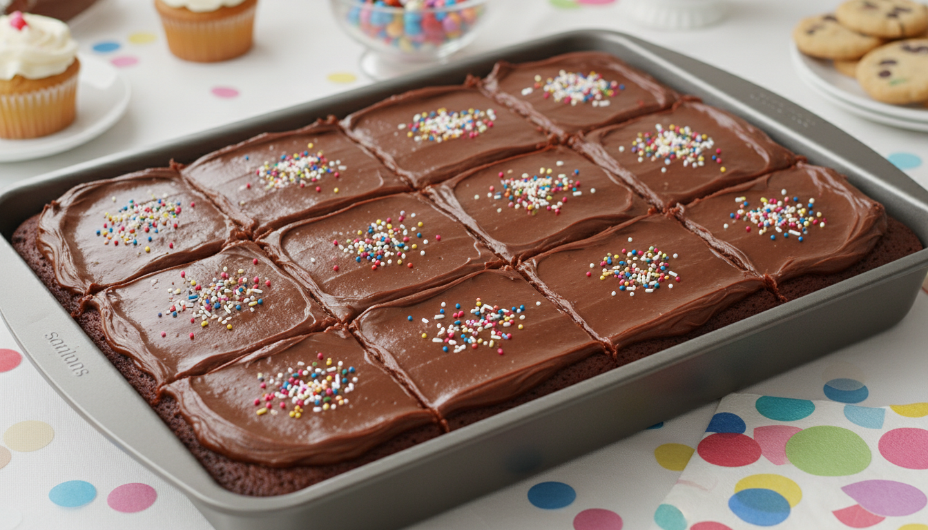 Chocolate sheet cake cut into squares in the pan with fudge frosting and colorful sprinkles
