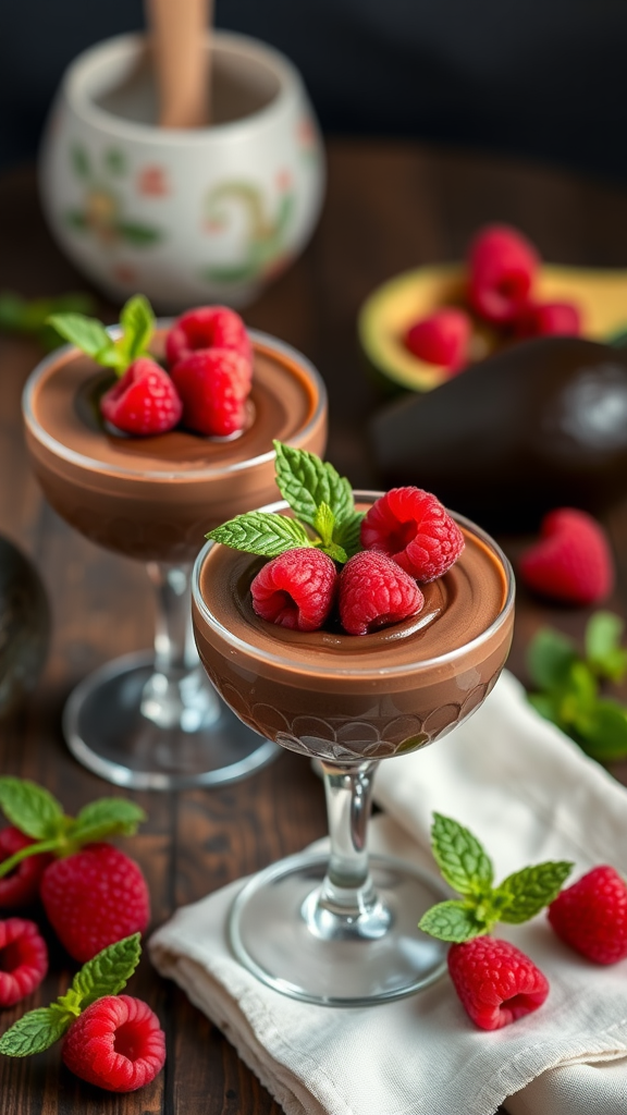 Chocolate avocado mousse topped with fresh raspberries and mint
