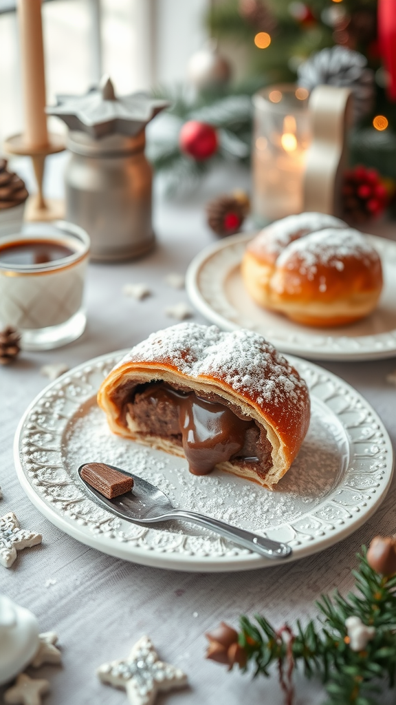 A plate of Chocolate Bougatsa with powdered sugar on top, showcasing a flaky pastry filled with rich chocolate.