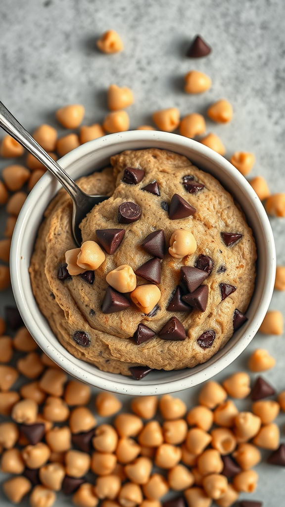 A bowl of chocolate chip chickpea cookie dough topped with chocolate chips, surrounded by chickpea-shaped treats.