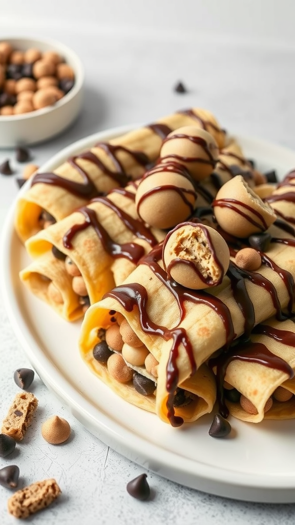 Plate of Chocolate Chip Cookie Dough Crepes drizzled with chocolate sauce