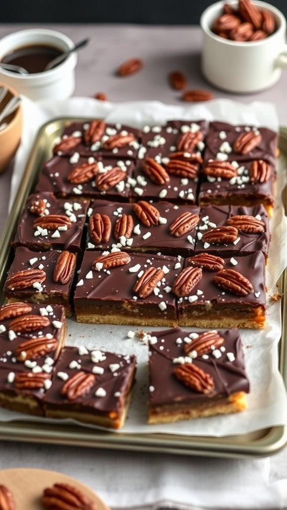 A tray of chocolate covered pecan pie bars with pecans and white sprinkles on top.