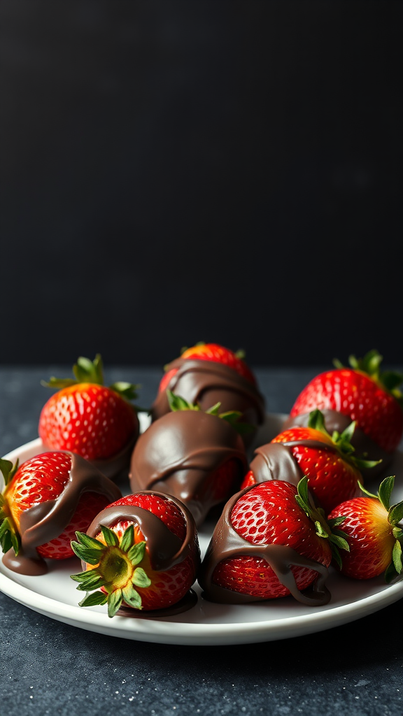 A plate of chocolate dipped strawberries.