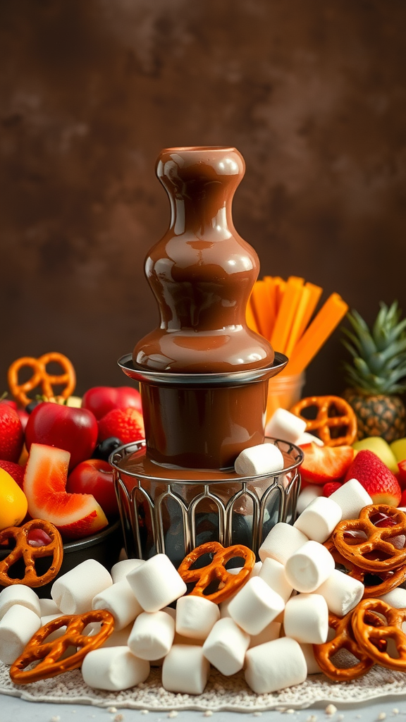 A chocolate fountain surrounded by various dippers like fruits, marshmallows, and pretzels.