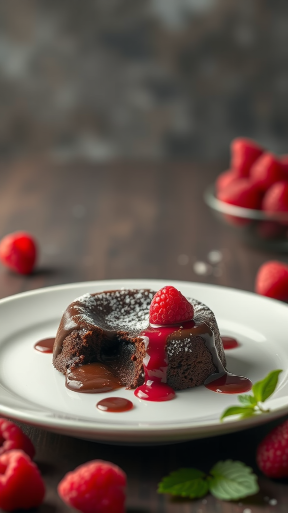 Chocolate lava cake with raspberry sauce and fresh raspberries on a plate.