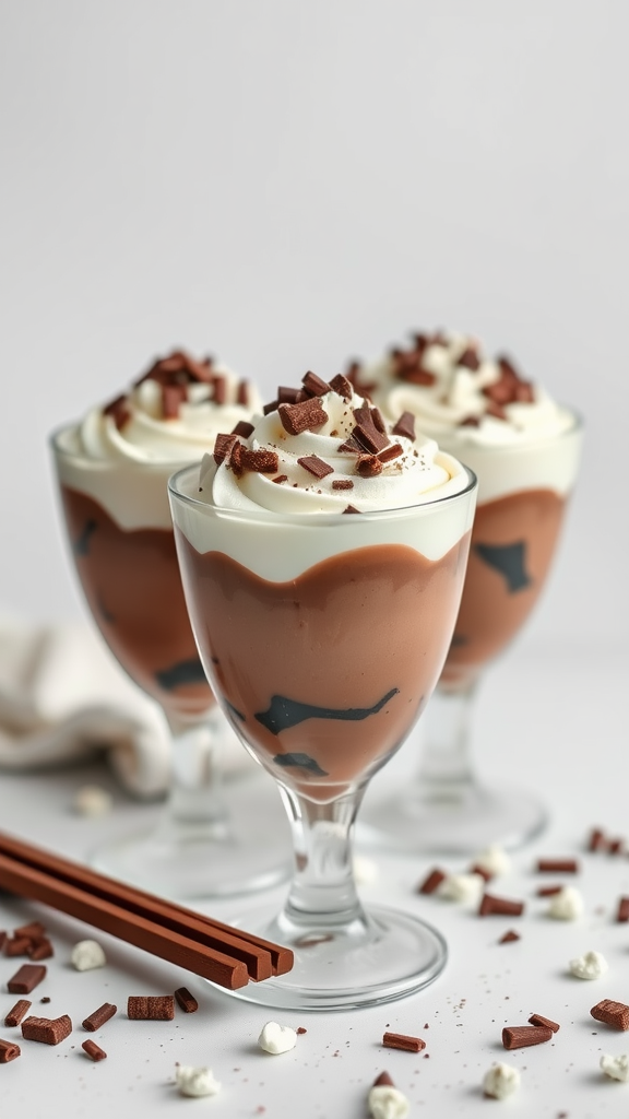 Three chocolate mousse parfaits topped with whipped cream and chocolate shavings
