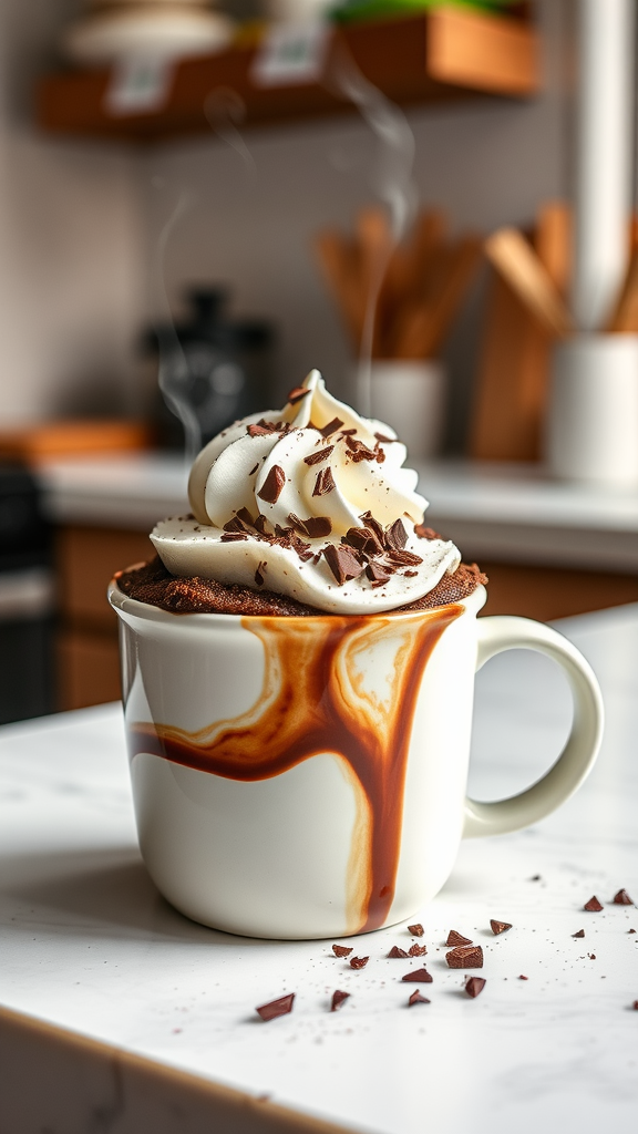 A delicious chocolate mug cake topped with whipped cream and chocolate shavings in a white mug.