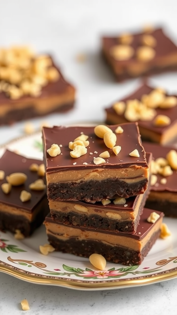 Delicious chocolate peanut butter bars stacked on a decorative plate, topped with chopped peanuts.