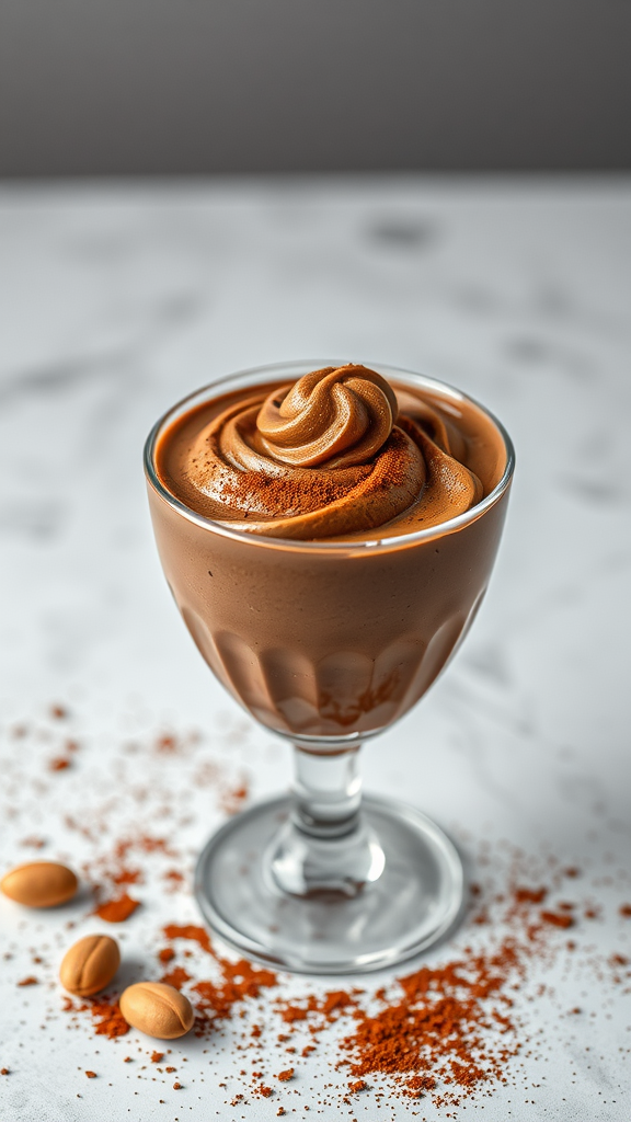 A delicious chocolate peanut butter mousse topped with a swirl of cream and surrounded by crushed peanuts.
