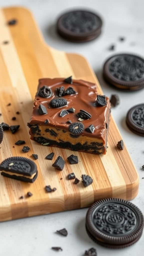 Chocolate Peanut Butter Oreo Protein Bars on a wooden cutting board with Oreo cookies scattered around.
