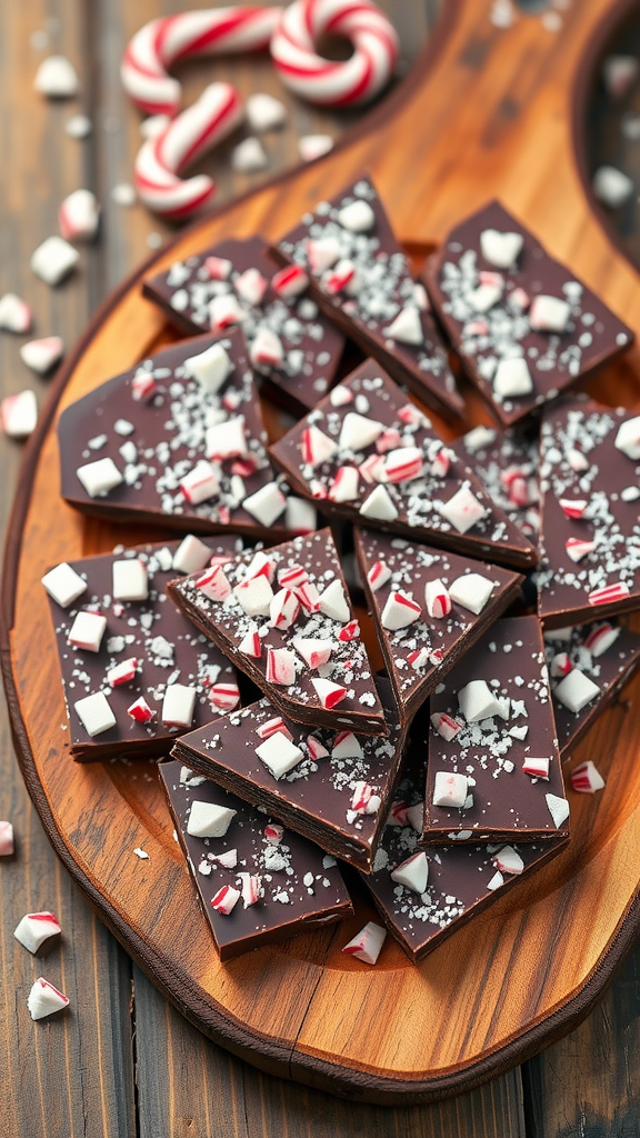A delicious display of chocolate peppermint bark topped with crushed peppermint candies on a wooden board.
