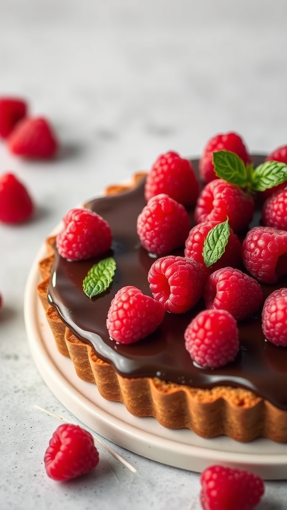 Chocolate raspberry tart topped with fresh raspberries and mint leaves.