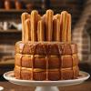 Churro cake on a cake stand decorated with whole churros and caramel drizzle