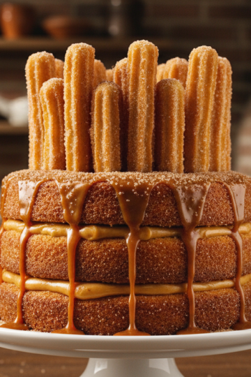 Churro cake on a cake stand decorated with whole churros and caramel drizzle