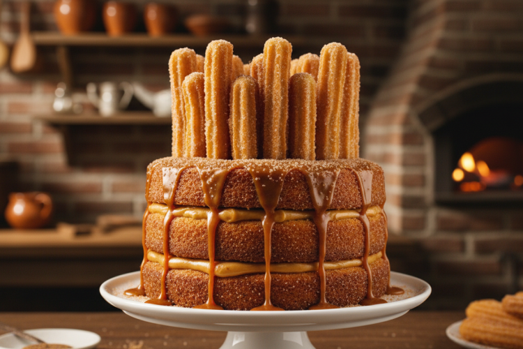 Churro cake on a cake stand decorated with whole churros and caramel drizzle